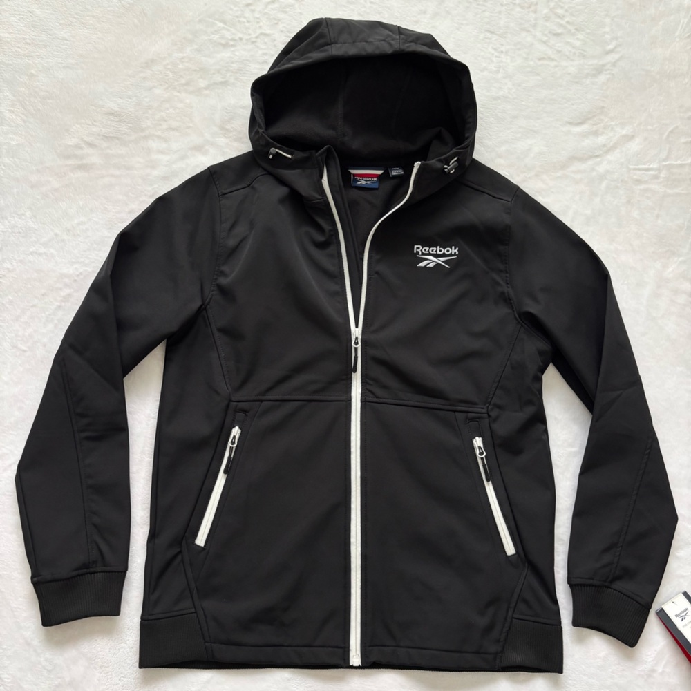 REEBOK Men's Long Sleeve Fleece-Lined Zippered Soft Shell Hooded Jacket--M